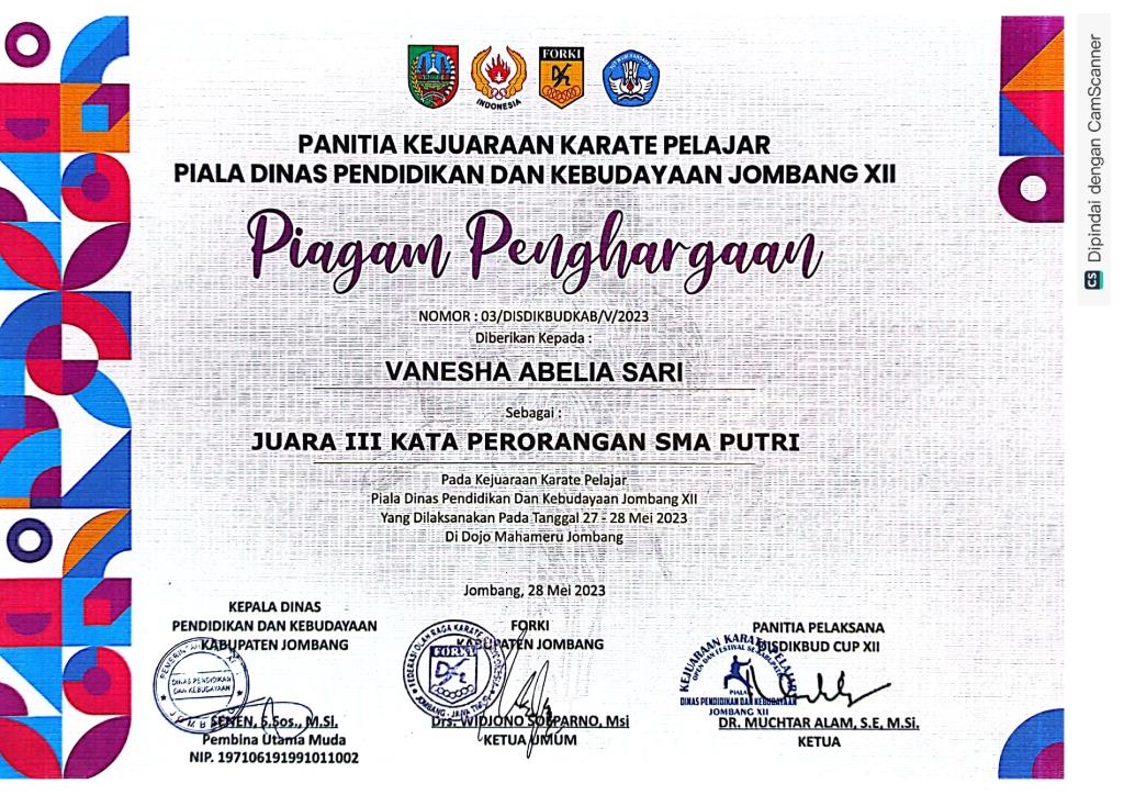 Kejuaraan Karate Pelajar Piala Dinas pendidikan dan Kebudayaan Jombang XII - Kata Perorangan SMA Putri