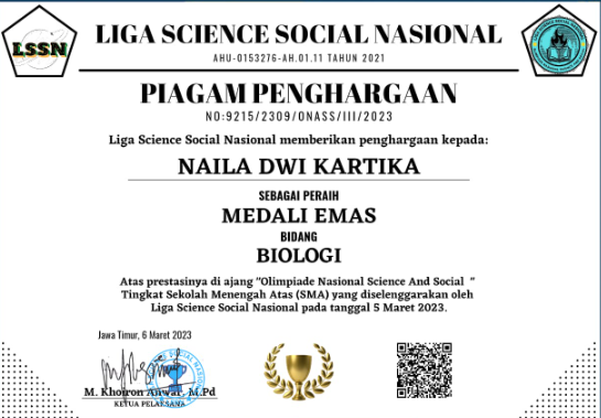 PERAIH MEDALI EMAS BIOLOGI OLIMPIADE NASIONAL SCIENCE AND SOCIAL