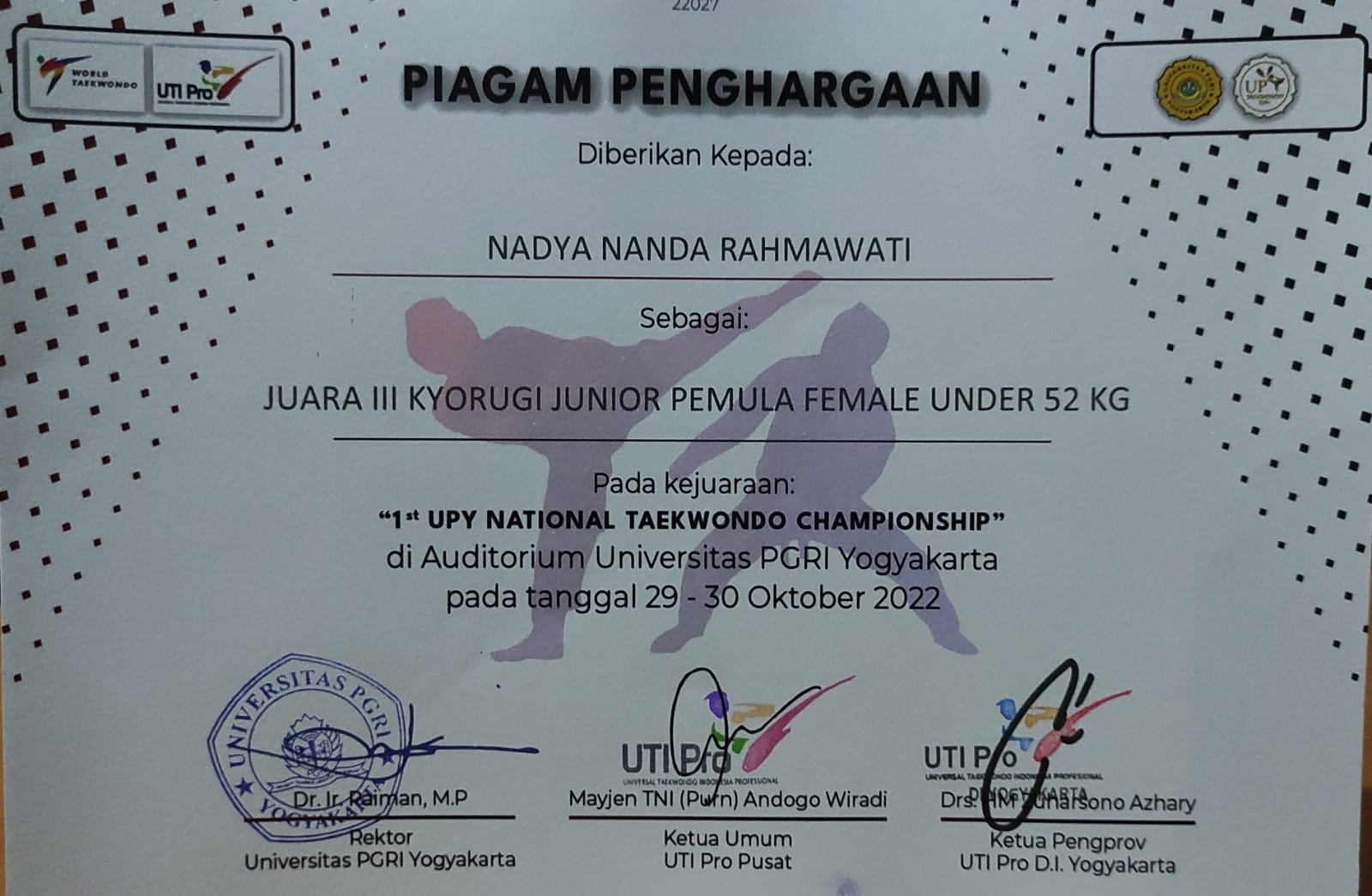 JUARA 3, 1st UPY NATIONAL TAEKWONDO CAMPIONSHIP UPY YOGYAKARTA