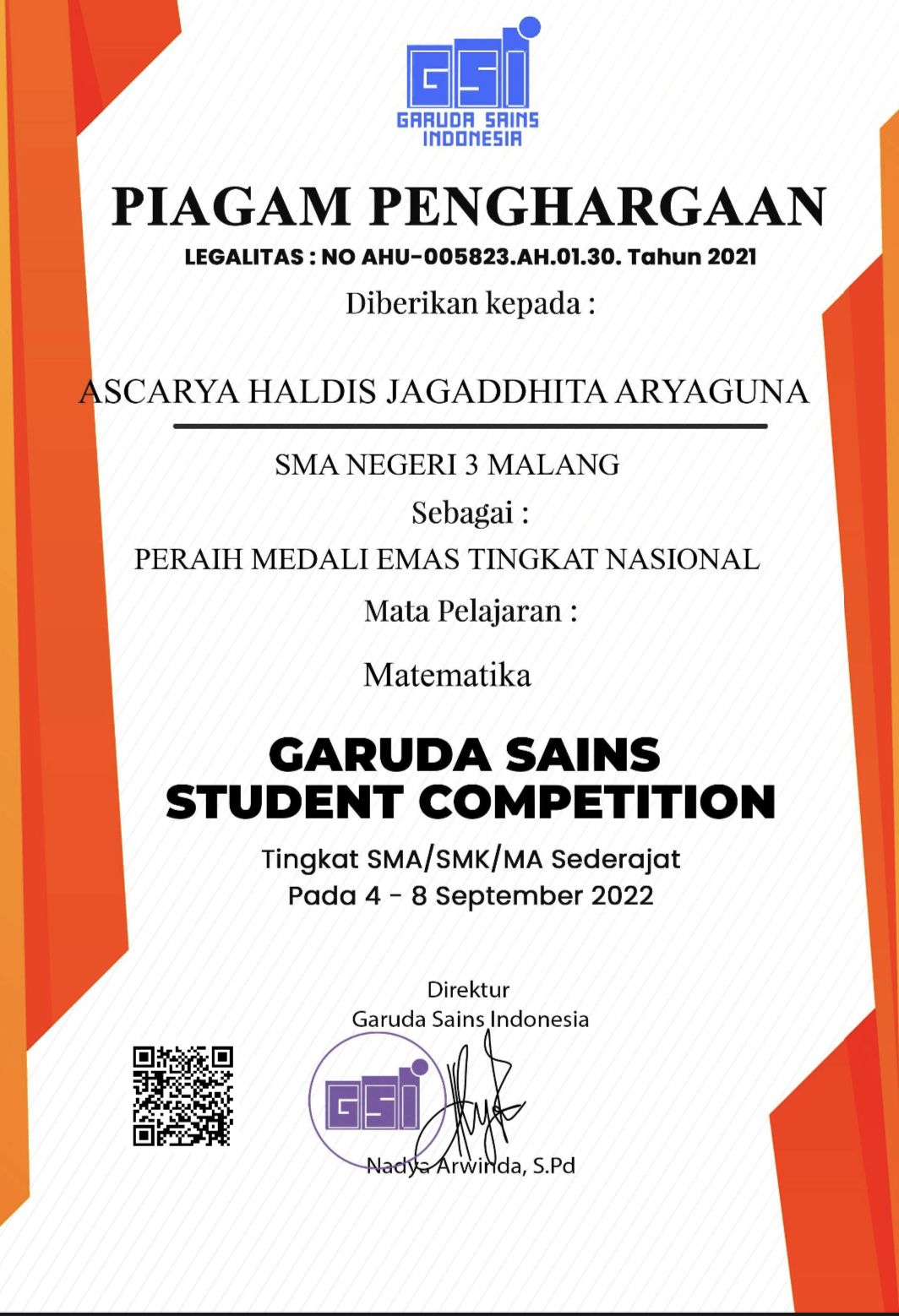 Peraih Medali Emas Matematika Garuda Sains Student Competition (GSSC)