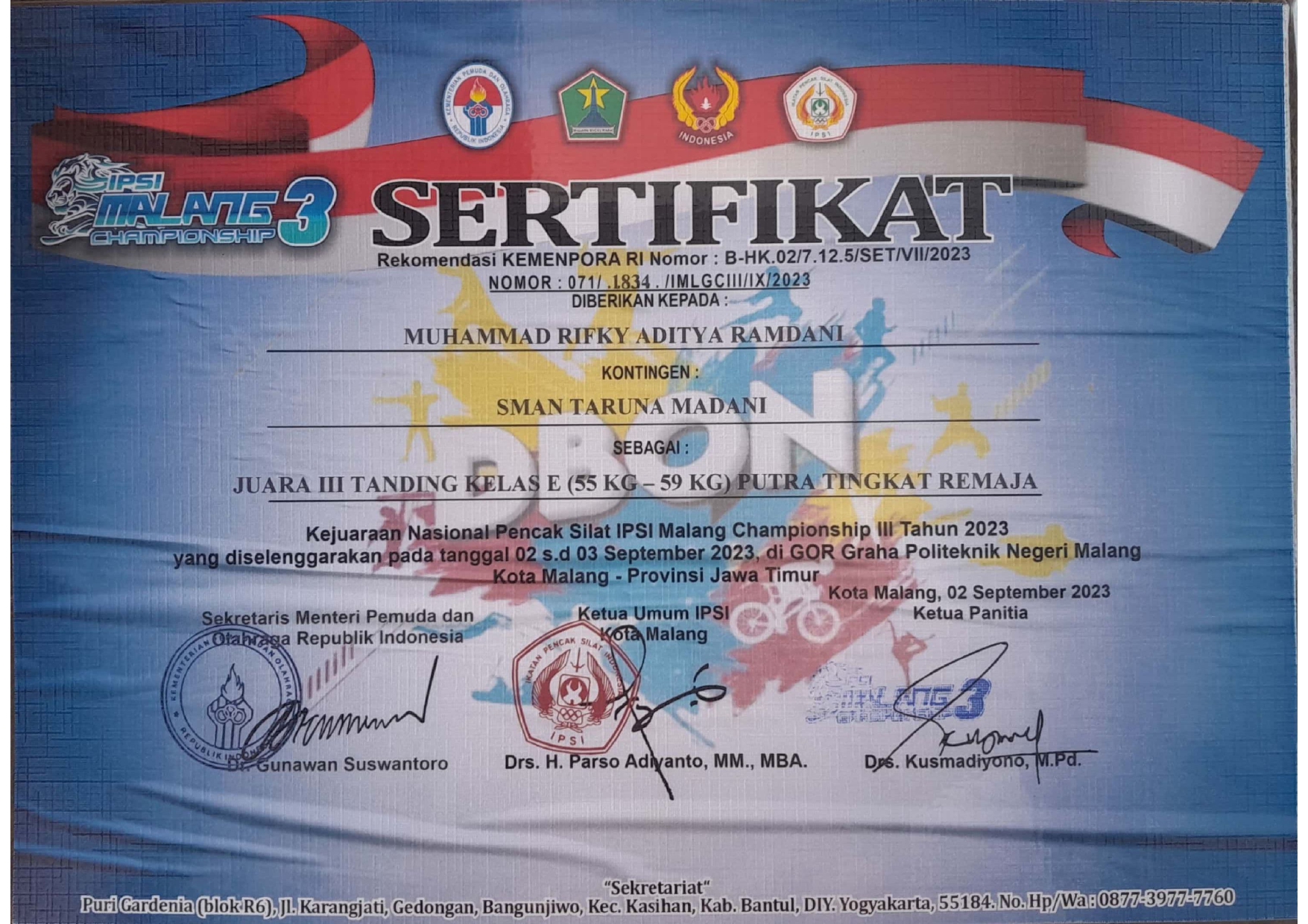 Juara III Tanding Kelas E Putra Tingkat Remaja dalam Kejuaraan Nasional Pencak Silat 