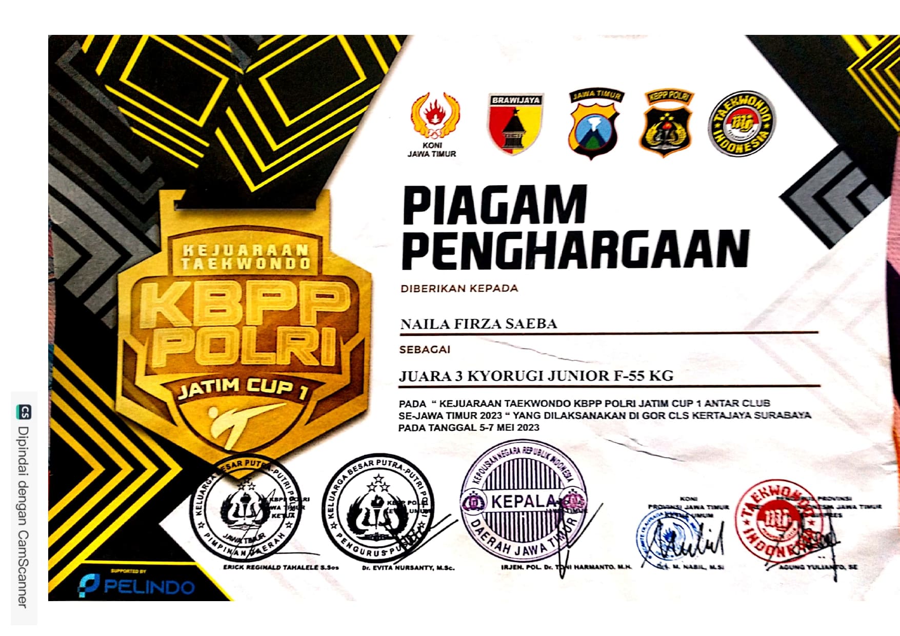 Juara 3 Kyorugi Junior F-55 Kg - Kejuaraan Taekwondo KBPP Polri Jatim Cup 1