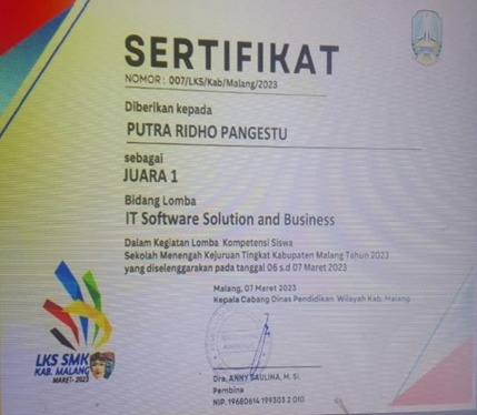 Juara 1 LKS Tingkat Kab. Malang, Kategori IT Soware Solutition for Business Tahun 2023