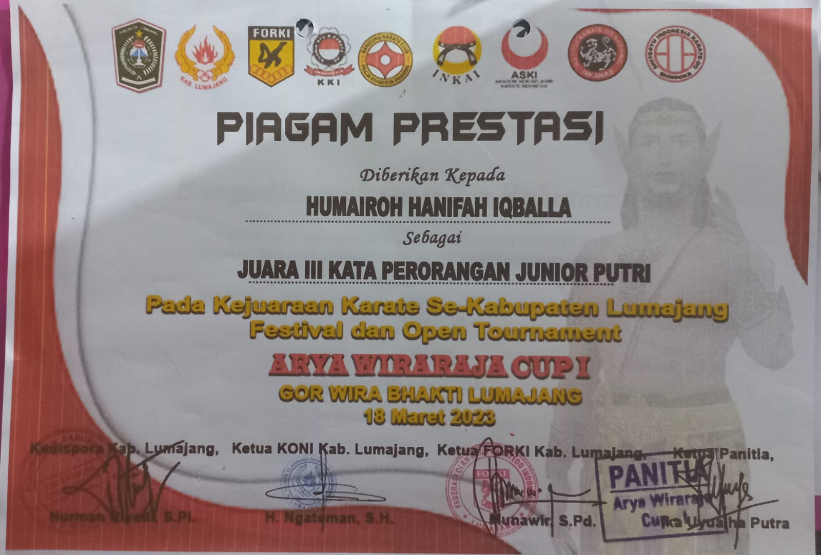 Kata Perorangan Junior Putri pada Kejuaraan Karate Se-Kabupaten Lumajang Festival dan Open Turnament ARYA WIRARAJA CUP I