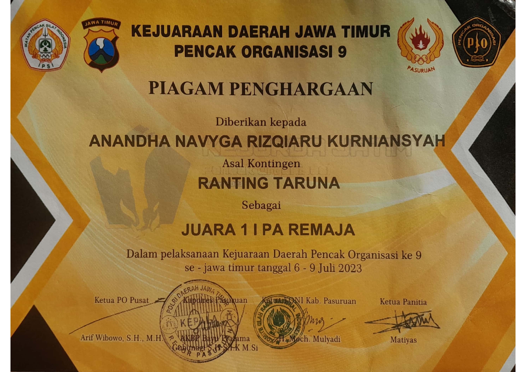 Juara 1 I PA Remaja dalam Kejuaraan Daeah Pencak se-Jawa Timur