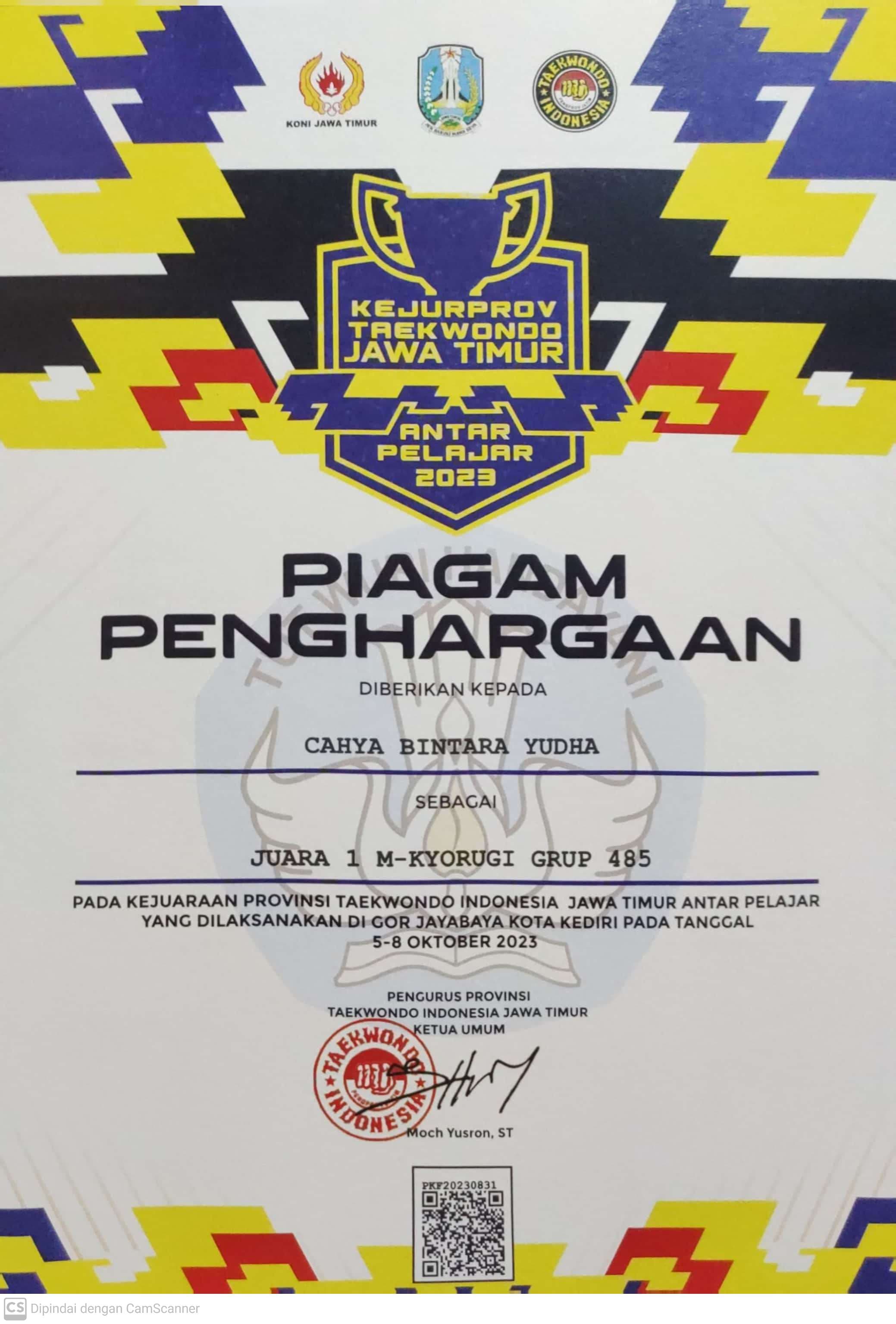 JUARA 1 M-KYORUGI GRUP 485 KEJURPROV TAEKWONDO JAWA TIMUR