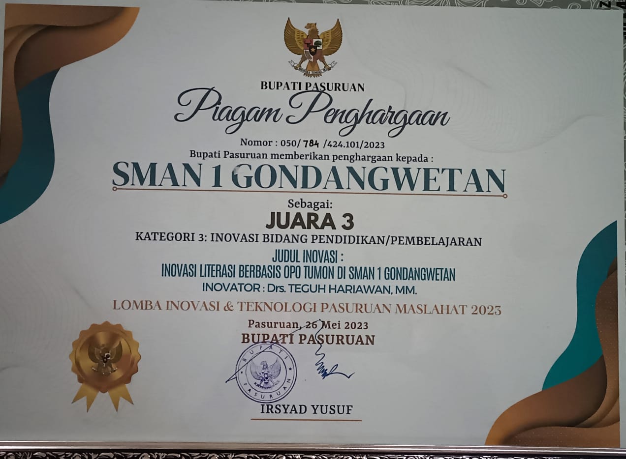 Juara 3 Inovasi Bidang Pendidikan/Pembelajaran dalam lomba Inovasi dan Teknologi Pasuruan Maslahat 2023