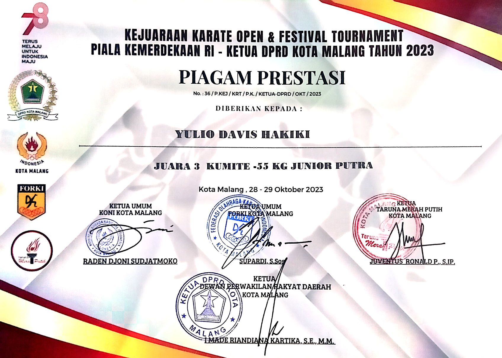 Piala Kemerdekaan RI, KUMITE -55 Kg Junior Putra