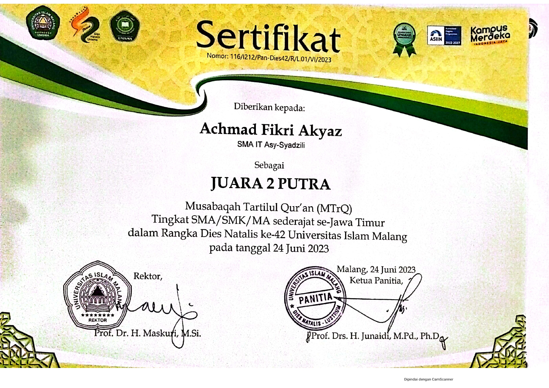 JUARA II PUTRA MUSABAQAH TARTILUL QUR\'AN (MTrQ) 