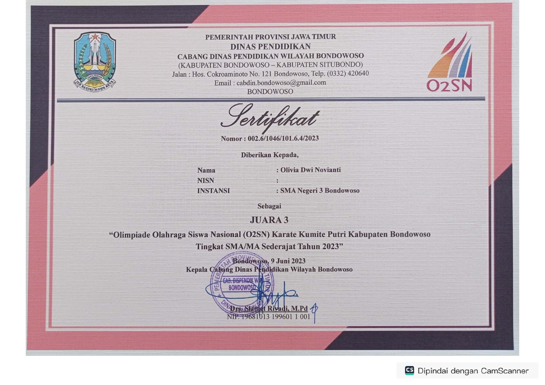 O2SN Karate Kumite Putri Kabupaten Bondowoso Tingkat SMA/MA Sederajat Tahun 2023