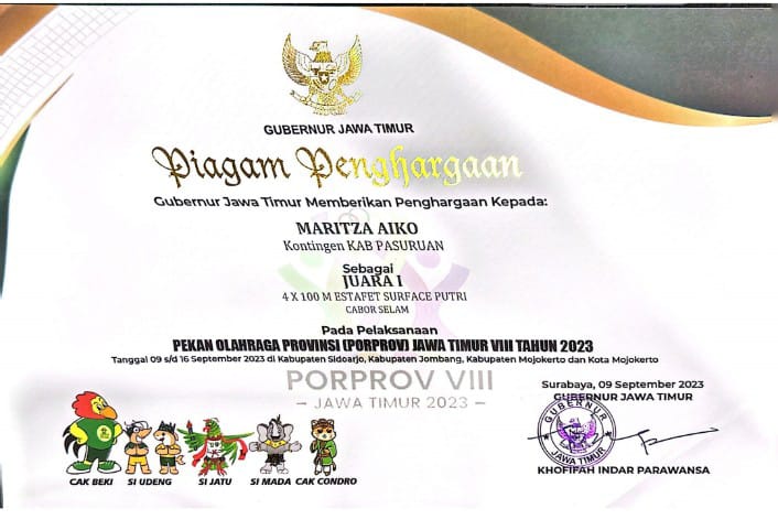 Juara 1 Pekan Olahraga Provinsi (Porprov) Jatim VIII tahun 2003 Cabor Selam Nomor 4 X 100 M Estafet Surface Putri