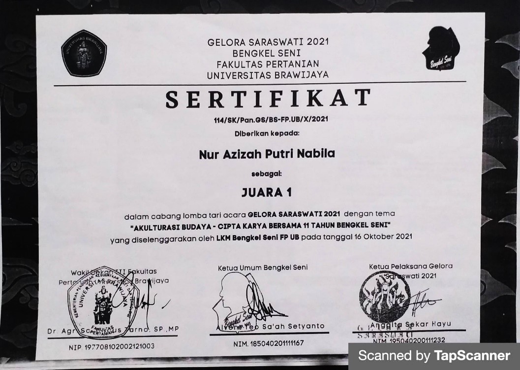 Juara 1 Cipta Karya Bersama 11 Tahun Bengkel Seni cabang lomba tari acara Gelora Saraswati 2021 yang diselenggarakan oleh LKM Bengkel Seni FP UB pada tanggal 16 Oktober 2021 