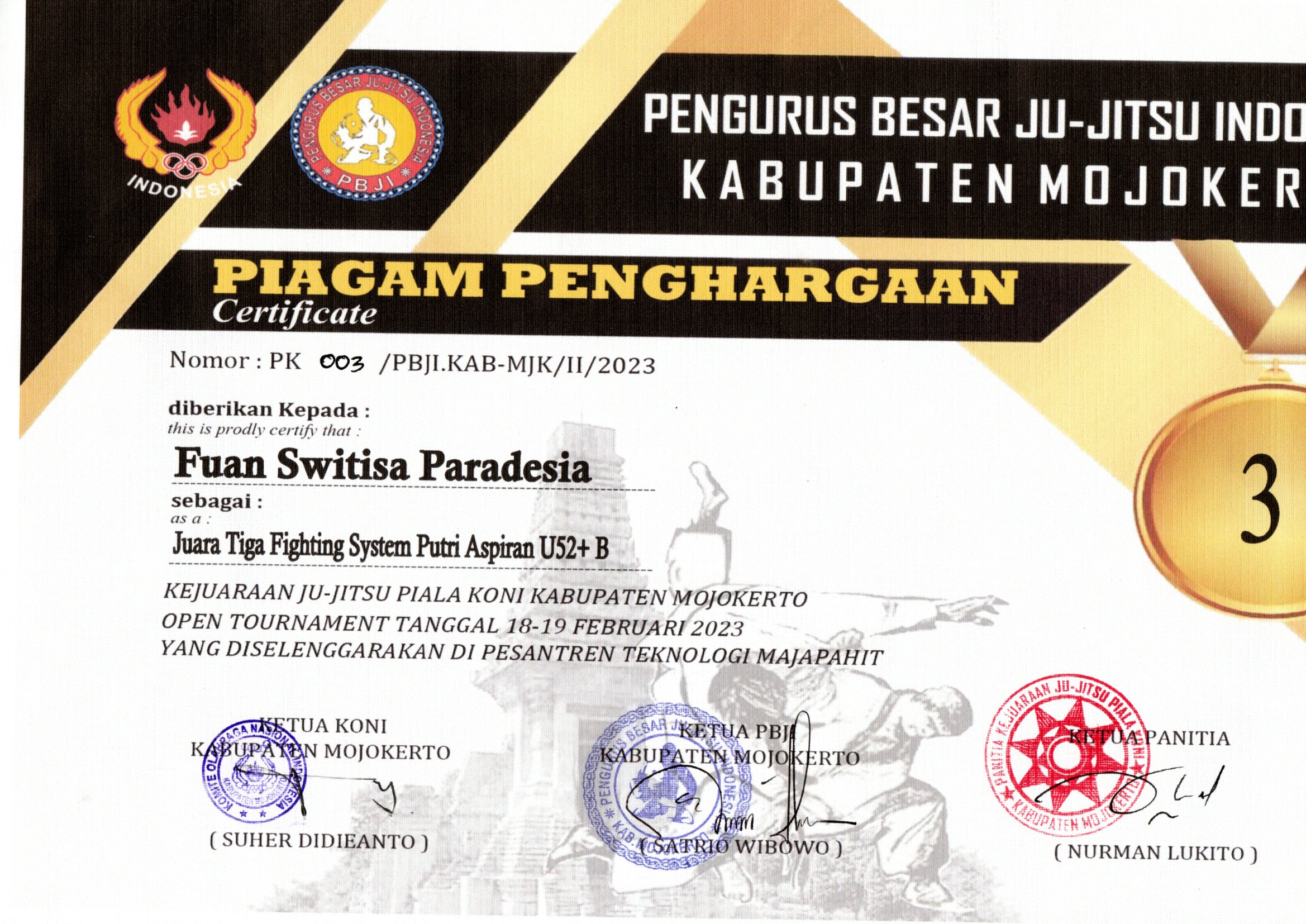 JUARA 3 FIGHTING SYSTEM PUTRI ASPIRAN U52+ PIALA KONI