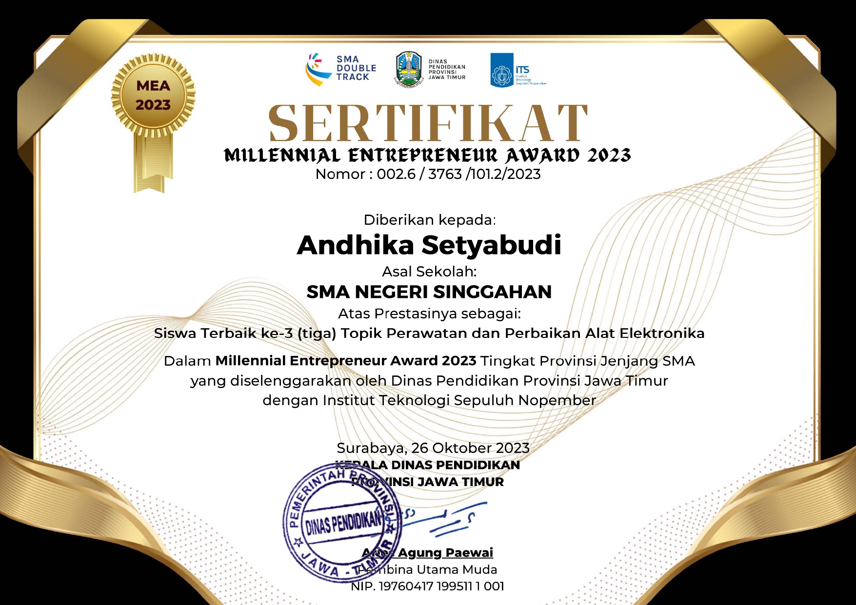 Siswa Terbaik ke-3 (tiga) Topik Perawatan dan Perbaikan Alat Elektronika dalam Milenial Enterpreneur Award