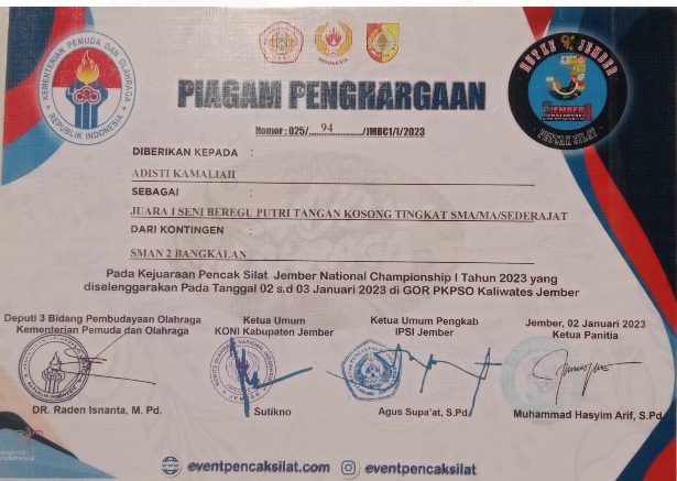 Seni beregu Putri tangan kosong Tingkat SMA/MA/Sederajat dari kontingen SMAN 2 Bangkalan pada kejuaraan pencak silat Jember nasional Championship I pada tanggal 02 â€“ 03 Januari tahun 2023 di GOR PKPSO Kaliwates Jember 	