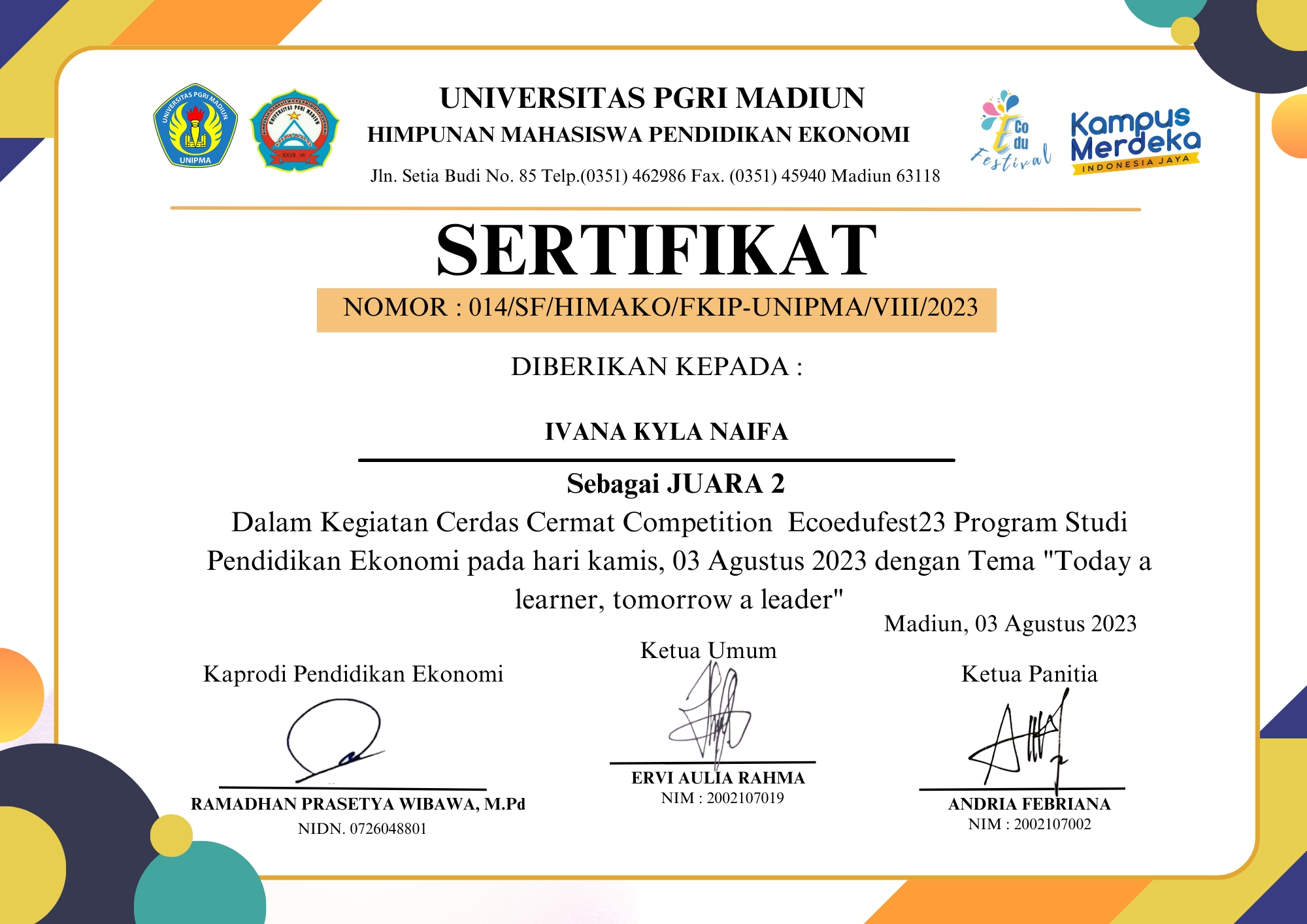 Juara 2 Cerdas Cermat Eco Edufest UNIPMA