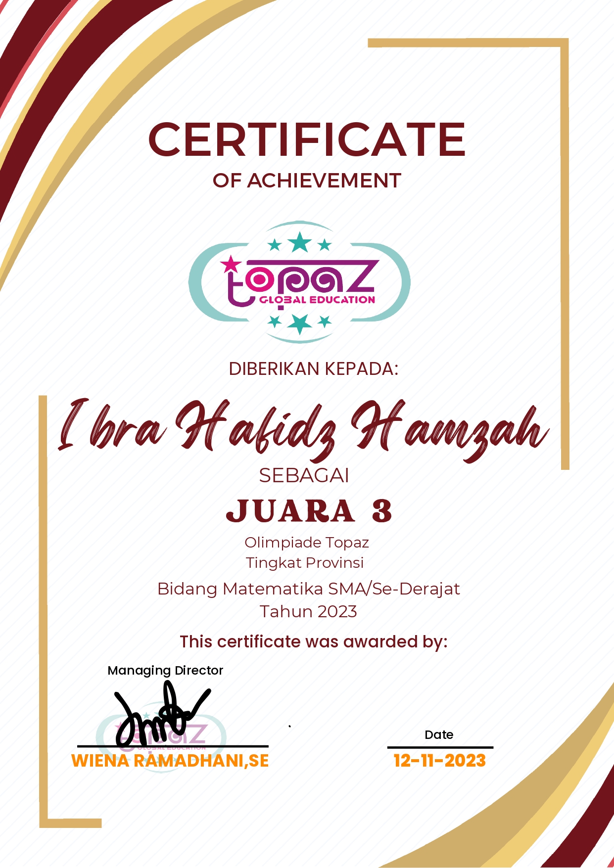 JUARA 3 TOPAZ OLYMPIADE TINGKAT PROVINSI TAHUN 2023