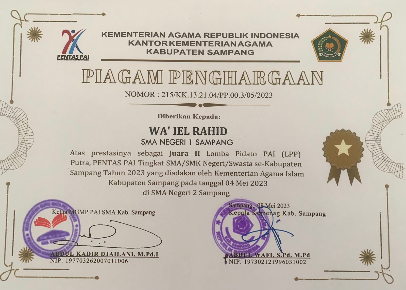 Lomba Pidato PAI (LPP) Putra PENTAS PAI Tingkat SMA/SMK Negeri/Swasta se Kabupaten Sampang