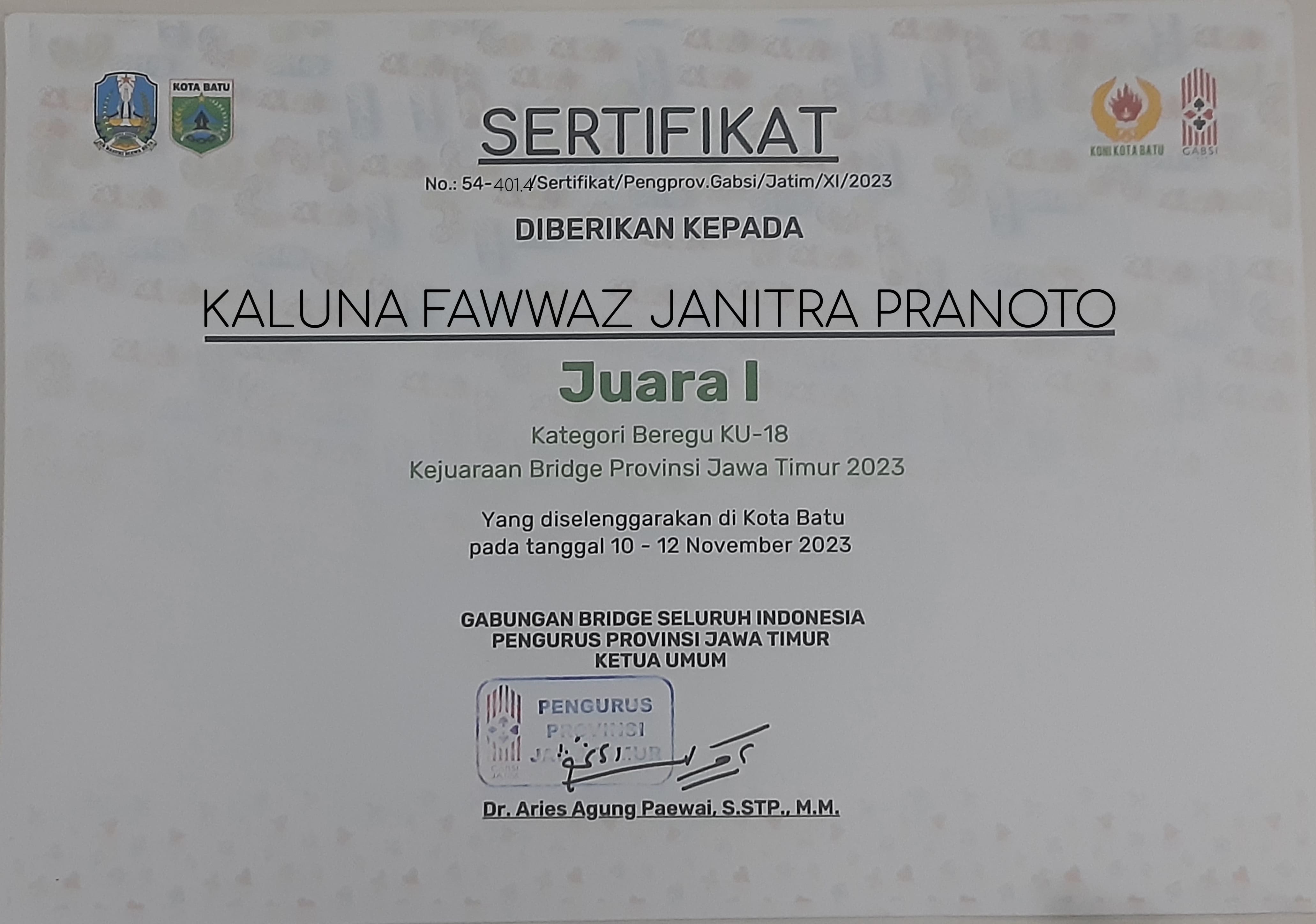 Kategori Beregu KU-18 Kejuaraan Bridge provinsi Jawa Timur 2023