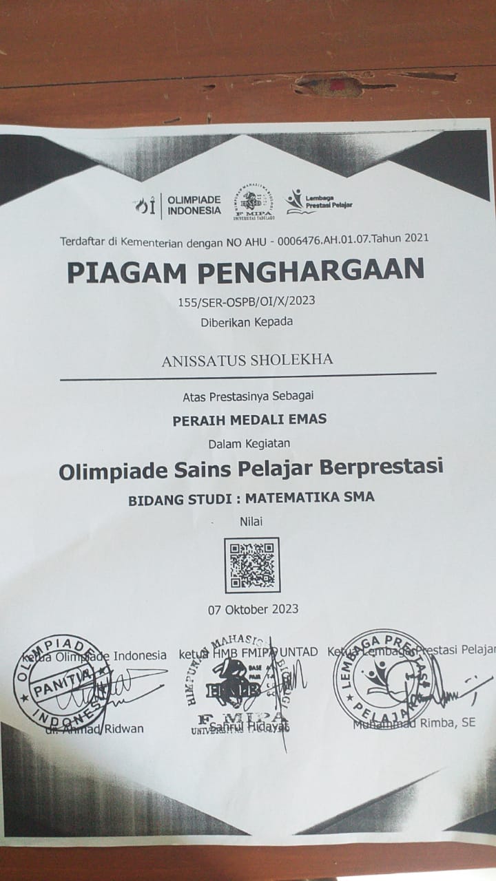 Peraih Medali Emas Olimpiade Sains Pelajar Berprestasi Bidang Studi Matematika SMA