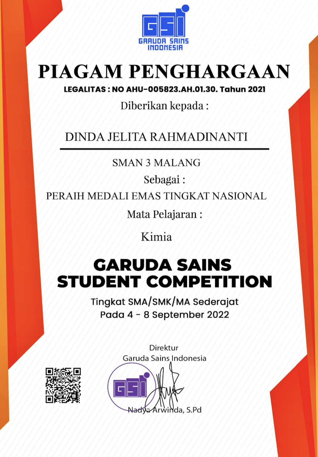 Medali Emas Bidang Kimia Garuda Sains Student Competition