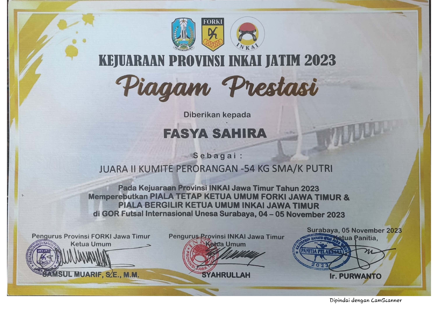 Juara II Kumite Perorangan -54 SMA/K Putri pada Kejuaraan Provinsi INKAI Jawa Timur tahun 2023