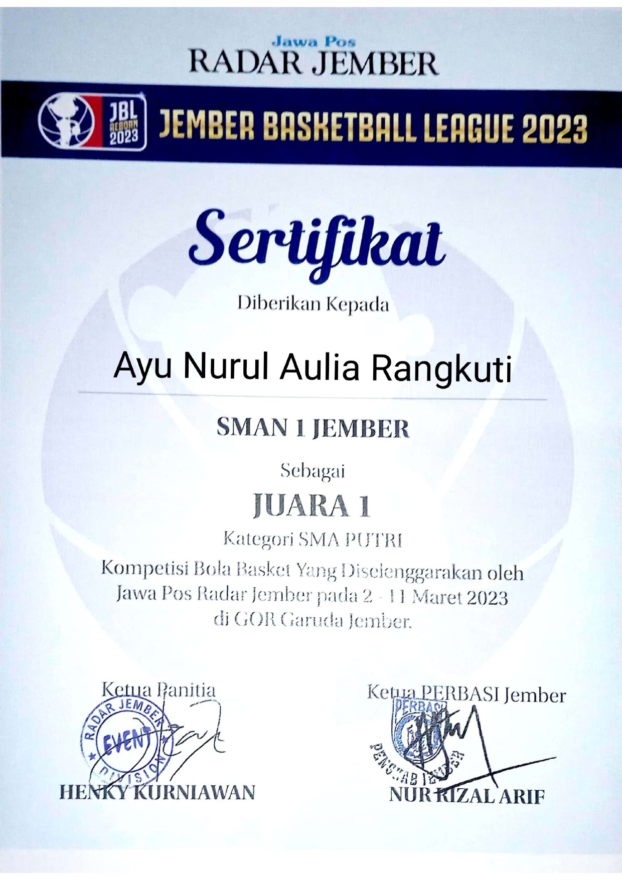 Jember Basketball League 2023 (Kategori SMA Putri)