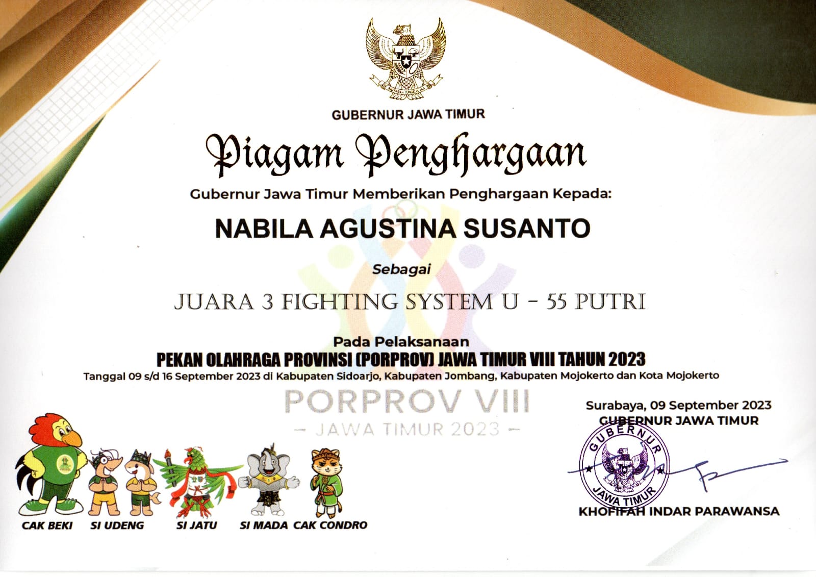 JUARA 3 FIGHTING SYSTEM U-55 PUTRI  PORPROV JAWA TIMUR VIII TAHUN 2023