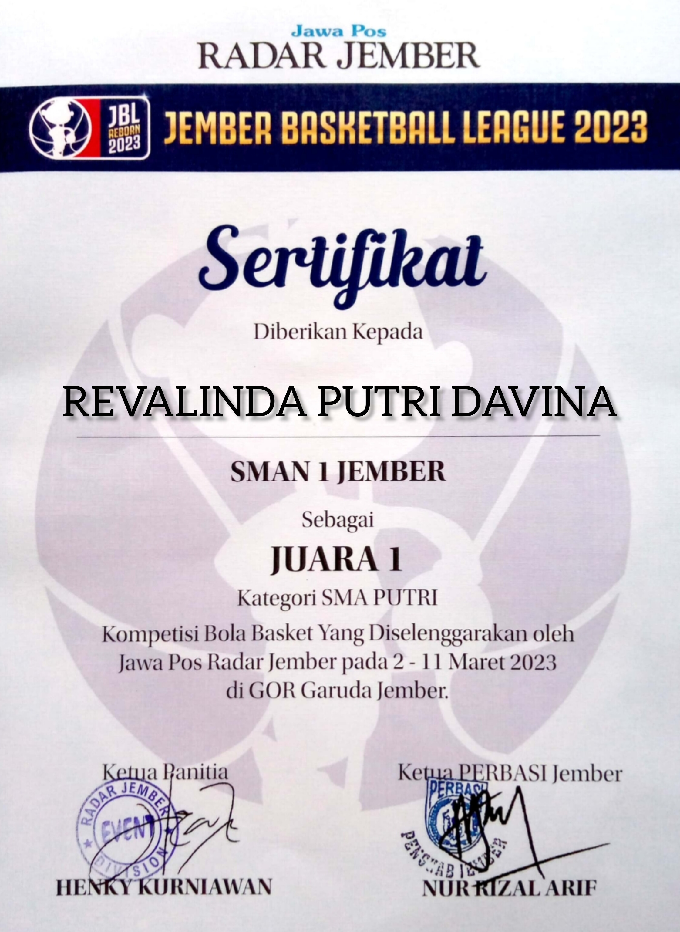 Jember Basketball League 2023 (Kategori SMA Putri)