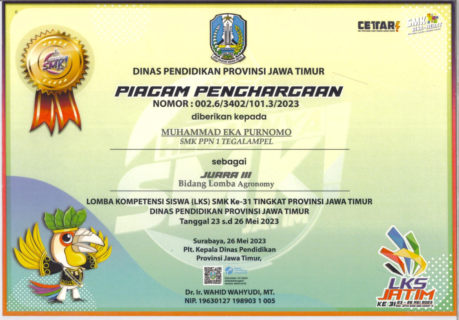 Juara 3 Lomba Kompetensi Siswa Tingkat Provinsi Bidang Lomba Agronomi