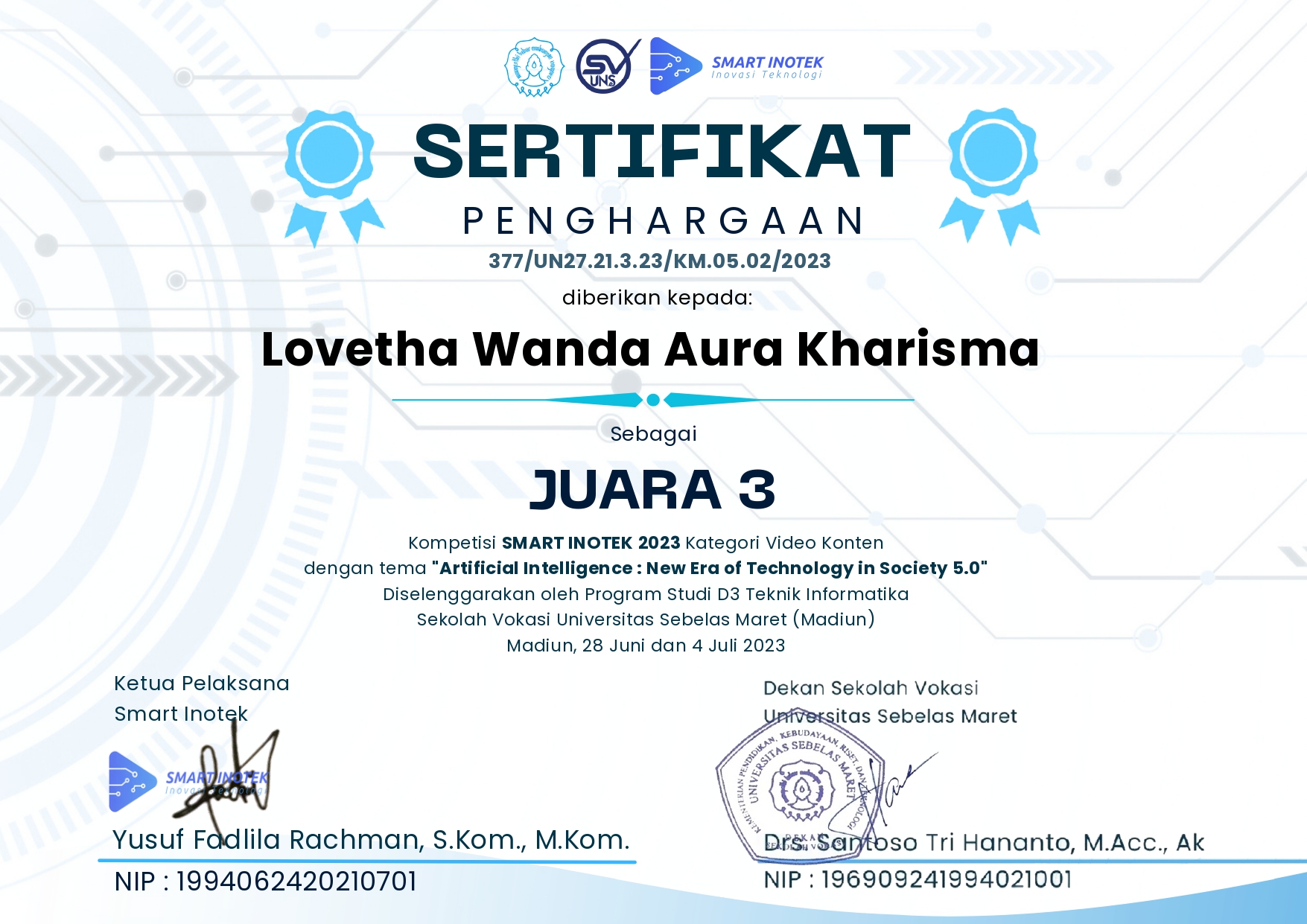 JUARA 3 LOMBA VIDEO KONTEN â€œARTIFICIAL INTELLIGENCEâ€