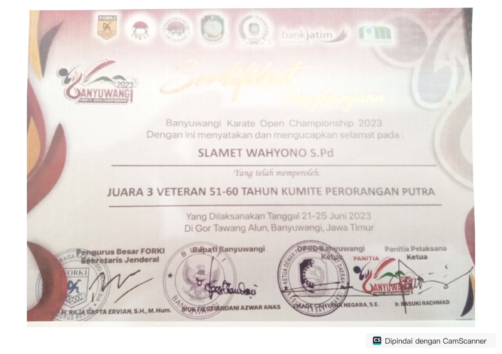 Juara 3 Veteran 51-60 Tahun Komite Perorangan Putra  Yang dilaksanakan  Tanggal 21-25 Juni 2023 Di Gor Tawang Alun Banyuwangi