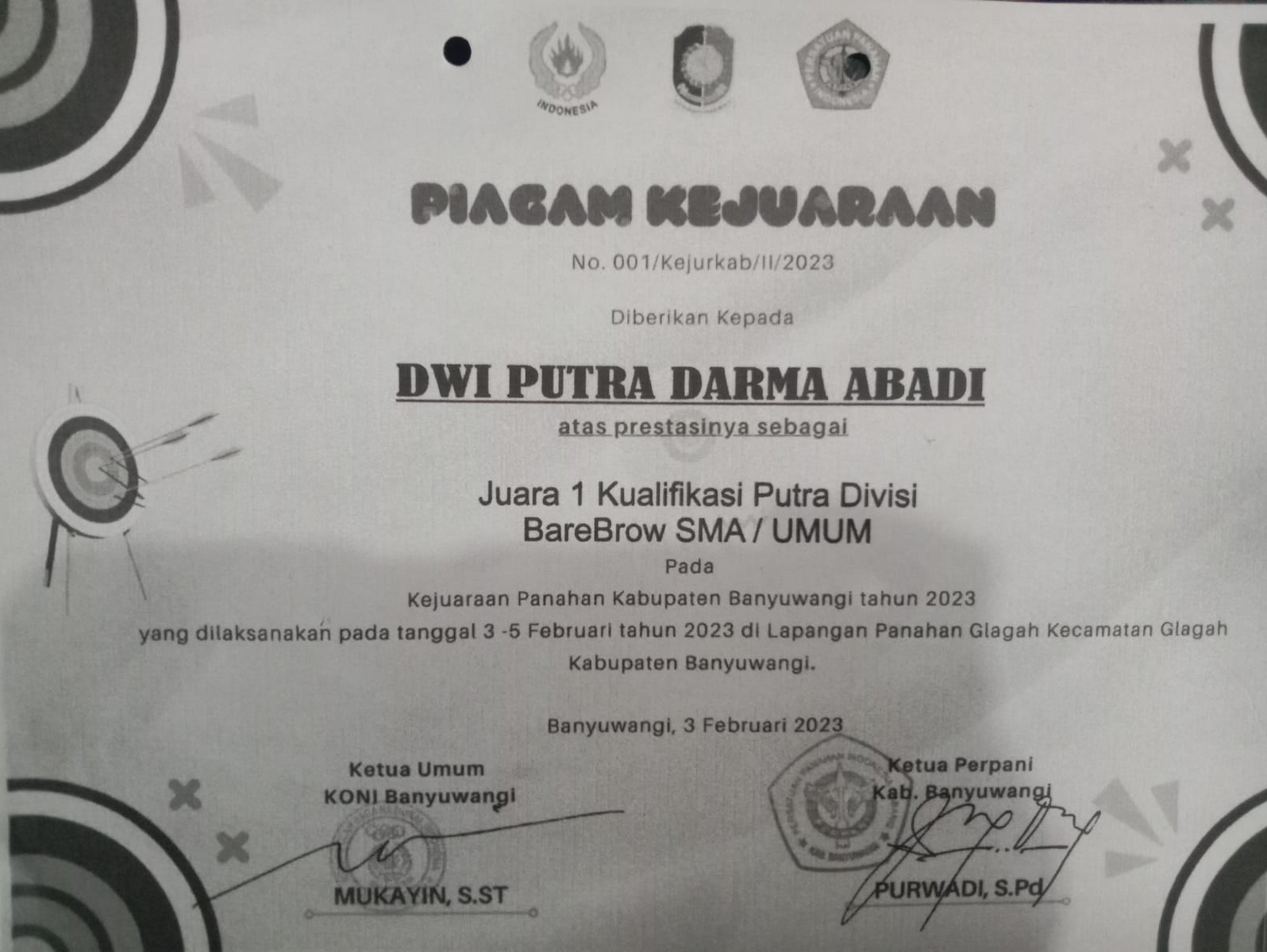 KEJUARAAN PANAHAN KABUPATEN BANYUWANGI 2023 UNTUK KUALIFIKASI PUTRA DIVISI BAREBROW SMA/UMUM