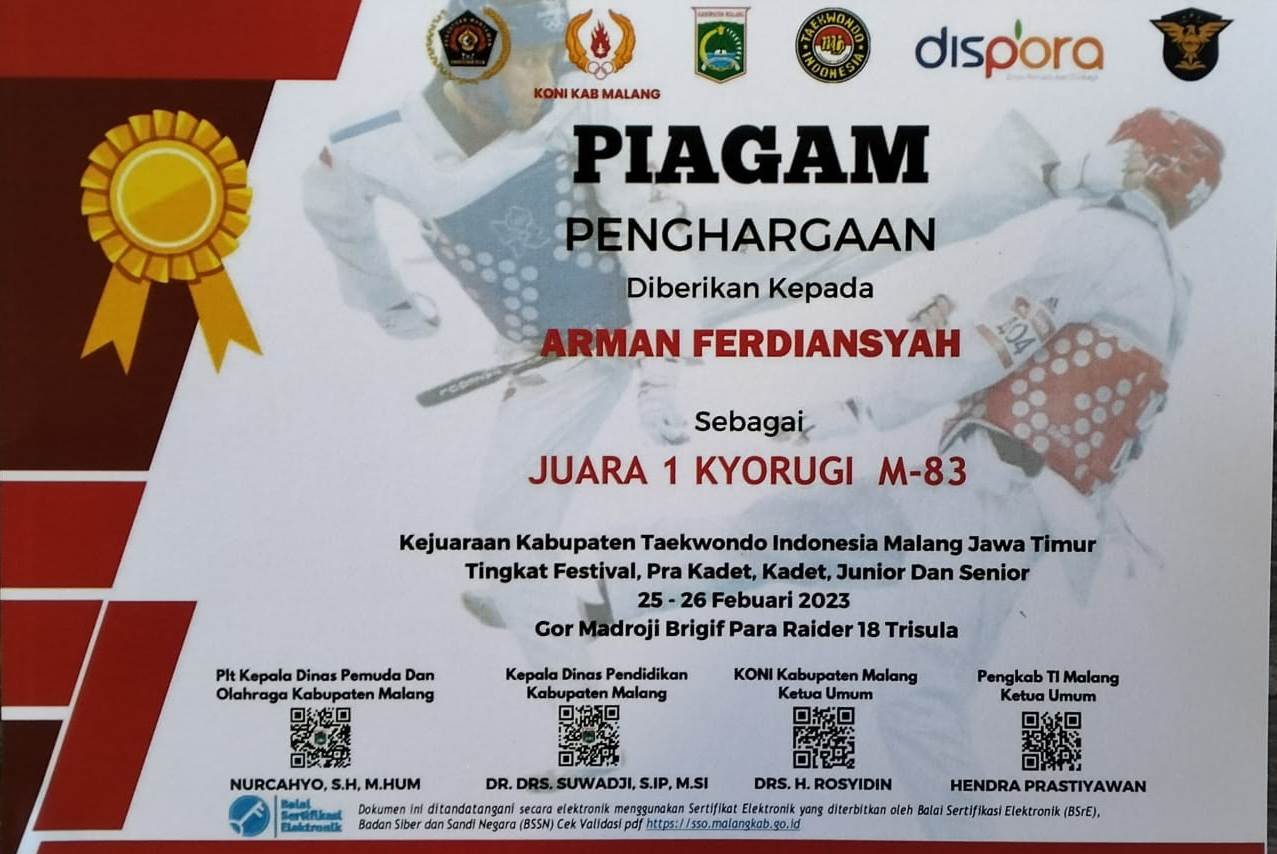 Kejuaraan Kabupaten Taekwondo Indonesia Malang Jawa Timur Tingkat Festival Pra Kadet, Kadet, Junior dan Senior.  Kyorugi M-83