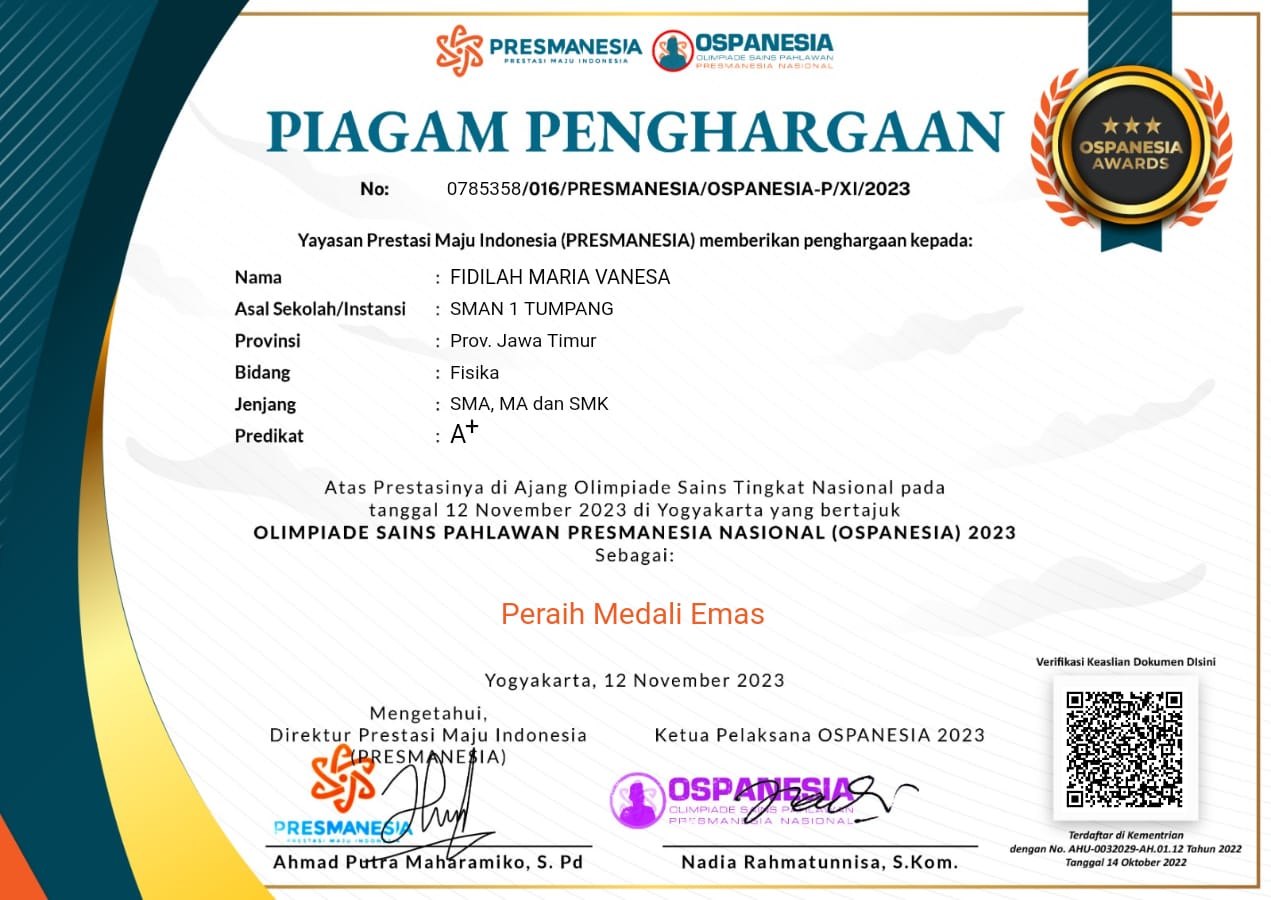 PERAIH MEDALI EMAS DIAJANG OLIMPIADE SAINS TINGKAT NASIONAL MAPEL FISIKA