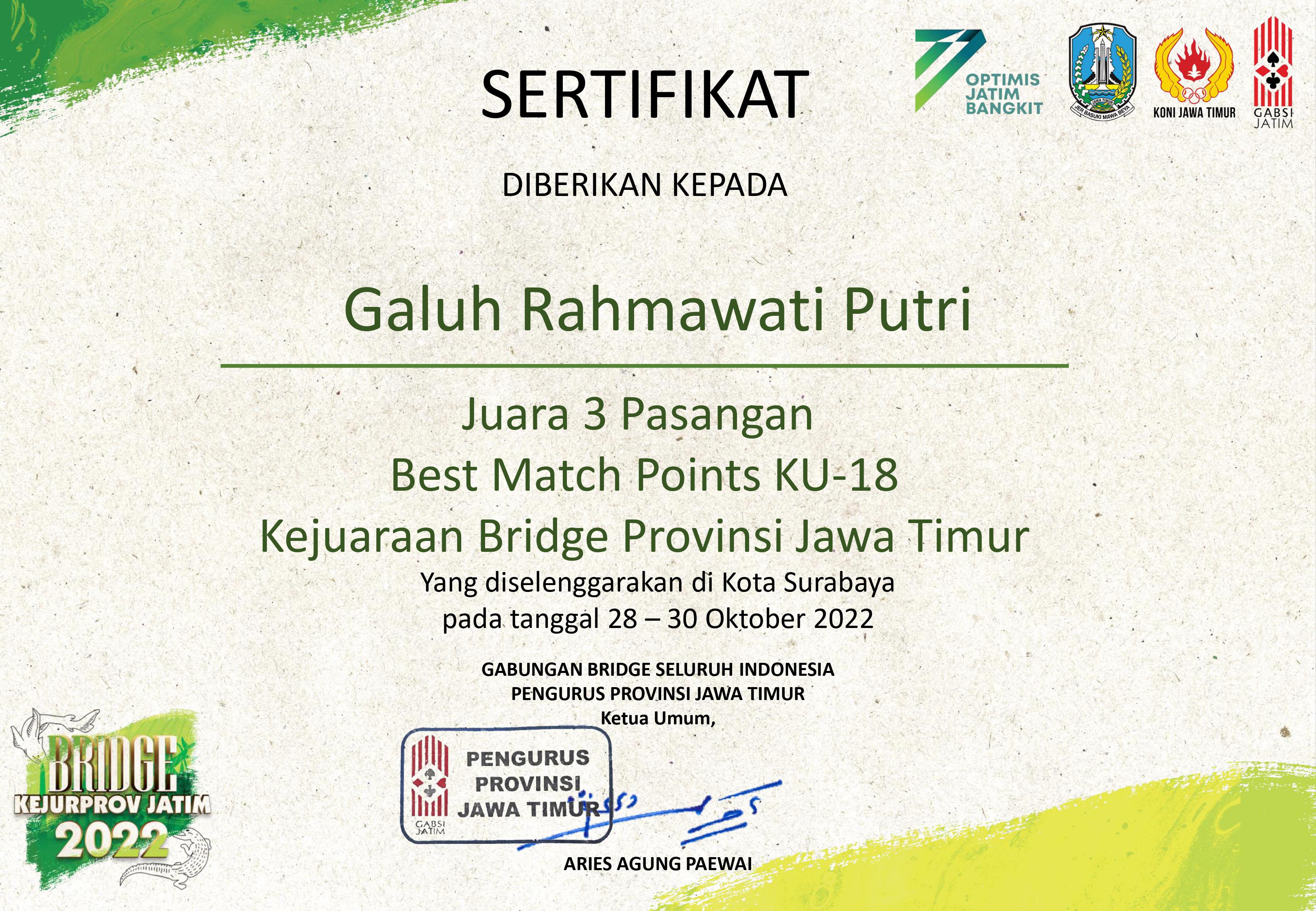 JUARA 3 PASANGAN BEST MATCH POINTS KU-18 KEJUARAAN BRIDGE PROVINSI JAWA TIMUR 