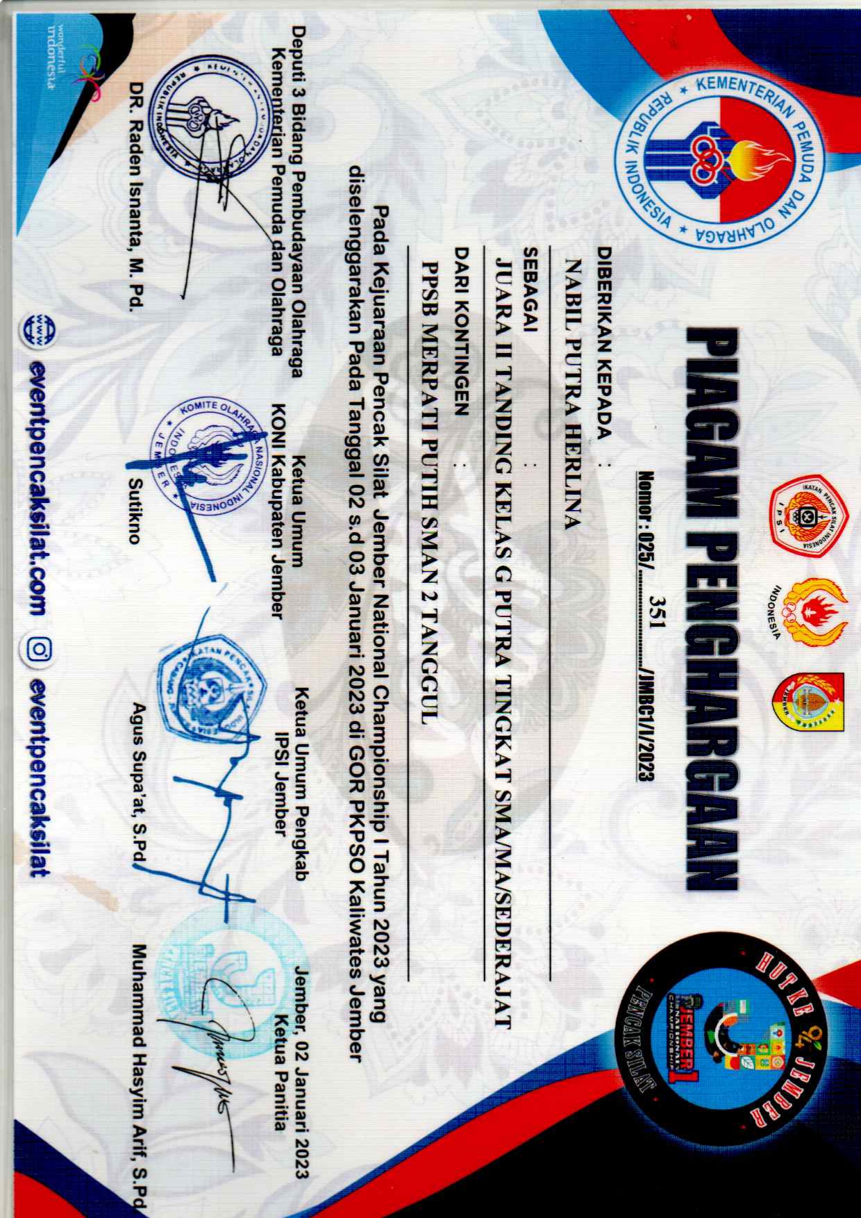 Tanding Kelas G Putra Tingkat SMA/MA/ Sederajat Kejuaraan Pencak silat Jember Natonal Championship I