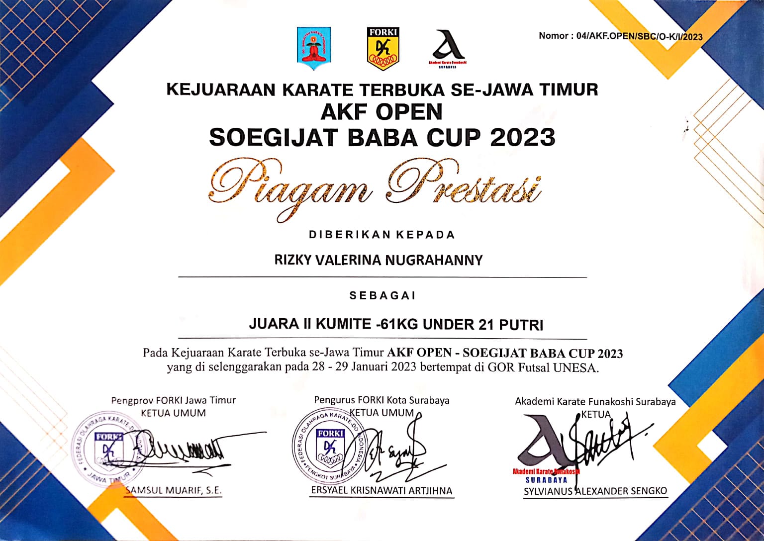 Juara 2 Kumite -61 Kg Under 21 Putri AKF Open Soegijat Baba Cup 2023