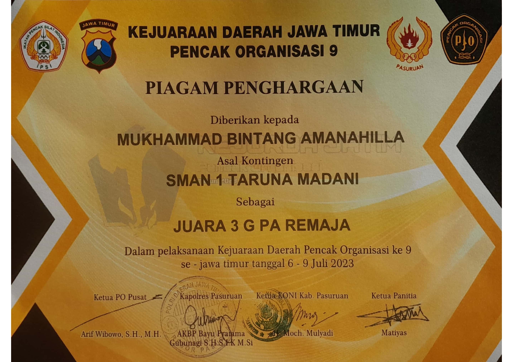 Juara 3 G PA Remaja dalam Kejuaraan Daeah Pencak se-Jawa Timur