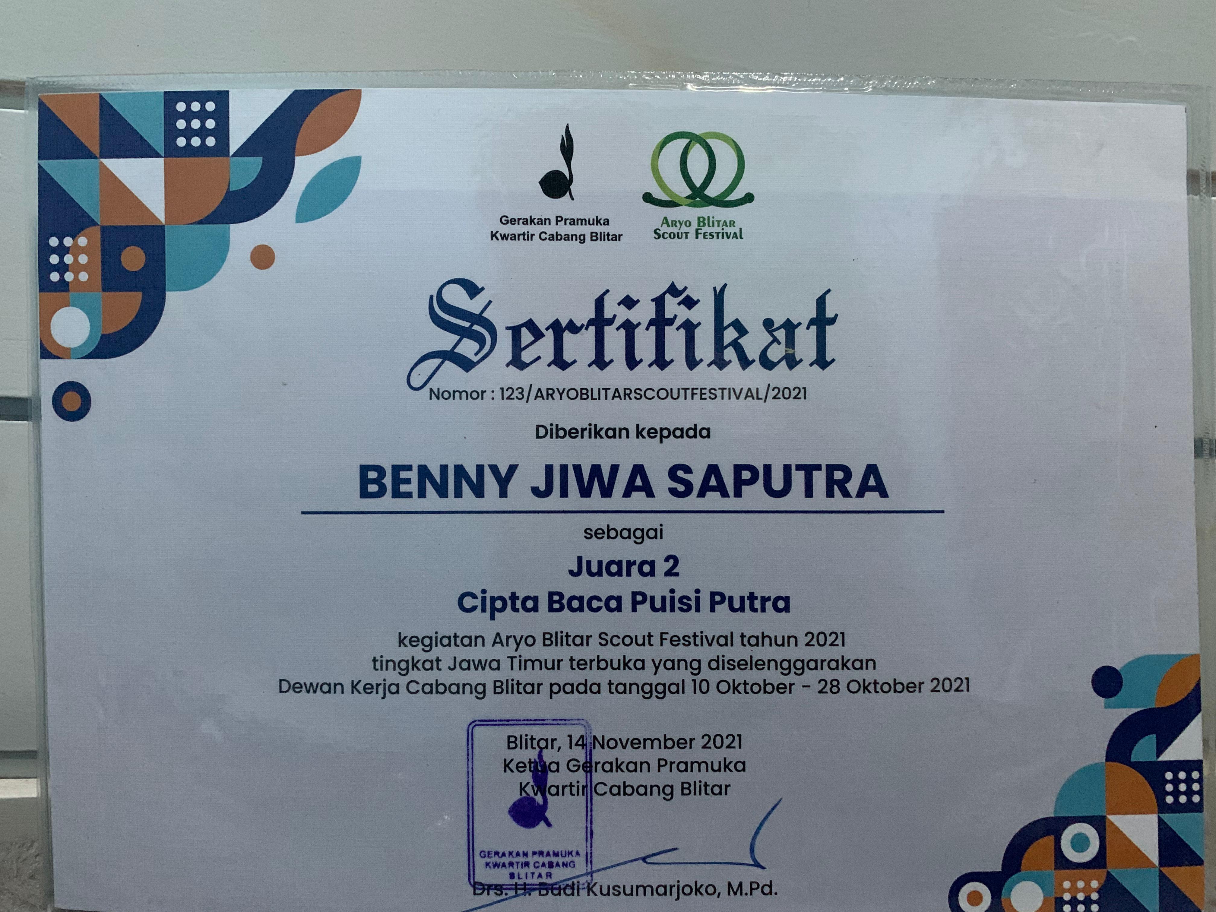 JUARA 2 LOMBA CIPTA BACA PUISI KEGIATAN ARYO BLITAR SCOUT FESTIVAL TAHUN 2021 TINGKAT JAWA TIMUR