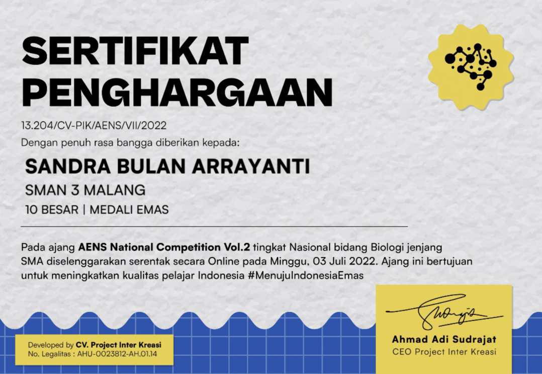 MEDALI EMAS PERINGKAT 7 BIDANG BIOLOGI NASIONAL AENS NATIONAL COMPETITION VOL.2