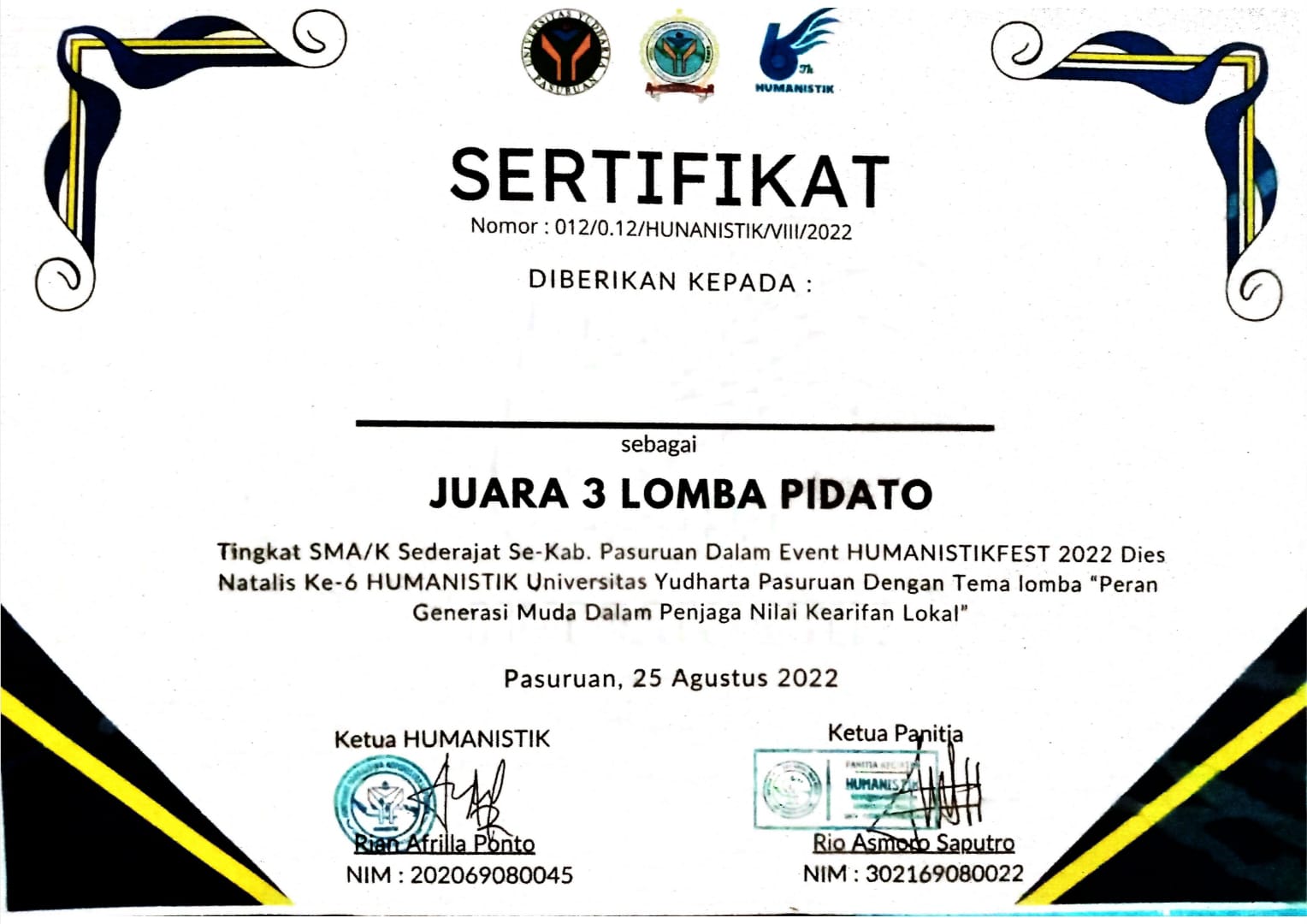 JUARA 3 LOMBA PIDATO HUMANISTIKFEST 2022