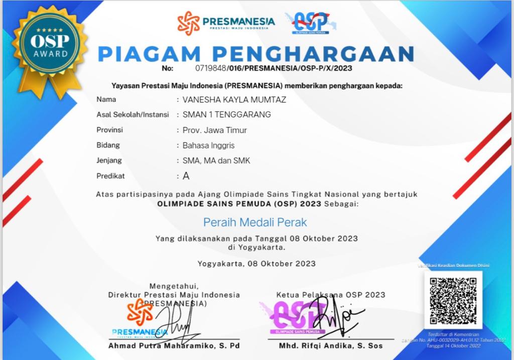 JUARA 2 OSP ( Olimpiade Sains Pemuda ) Tgl 8 Oktober 2023