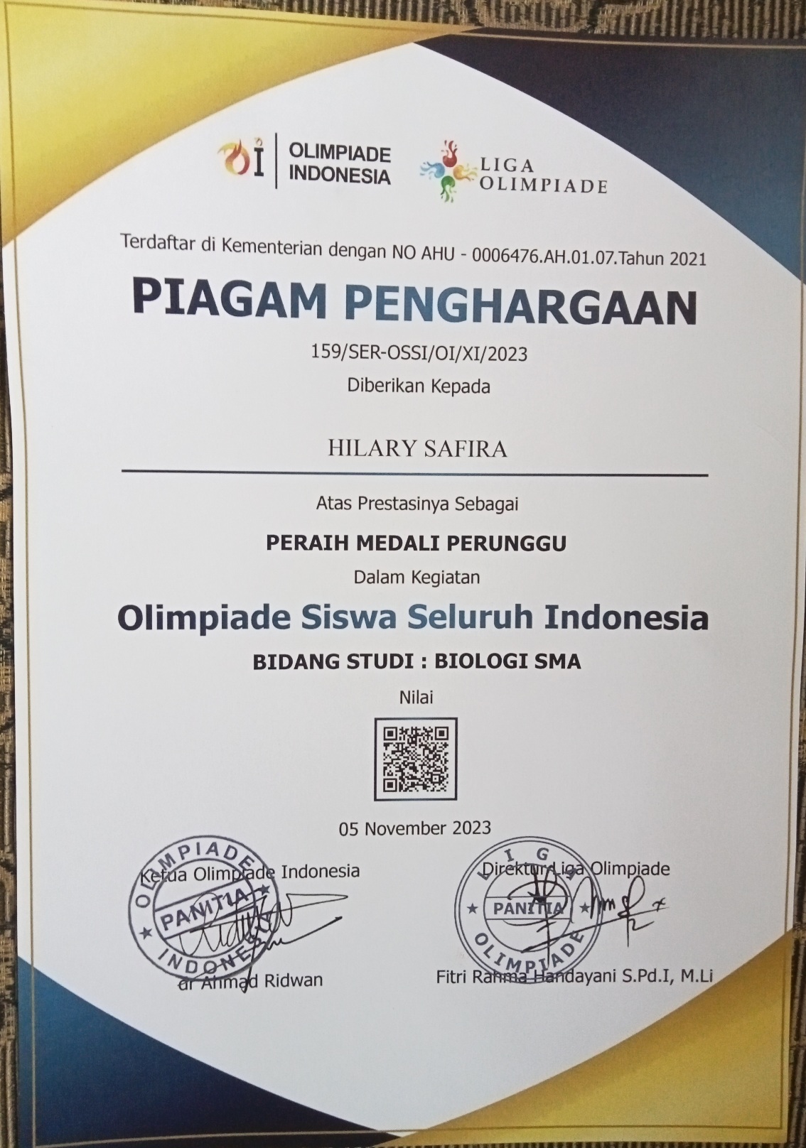 MEDALI PERUNGGU OLIMPIADE SISWA SELURUH INDONESIA BIDANG BIOLOGI