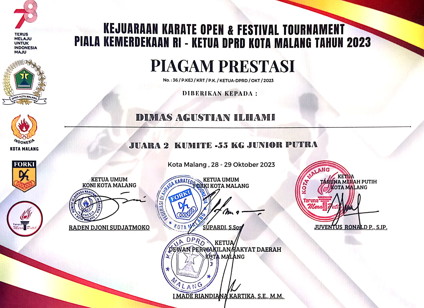 Piala Kemerdekaan RI, KUMITE -55 Kg Junior Putra