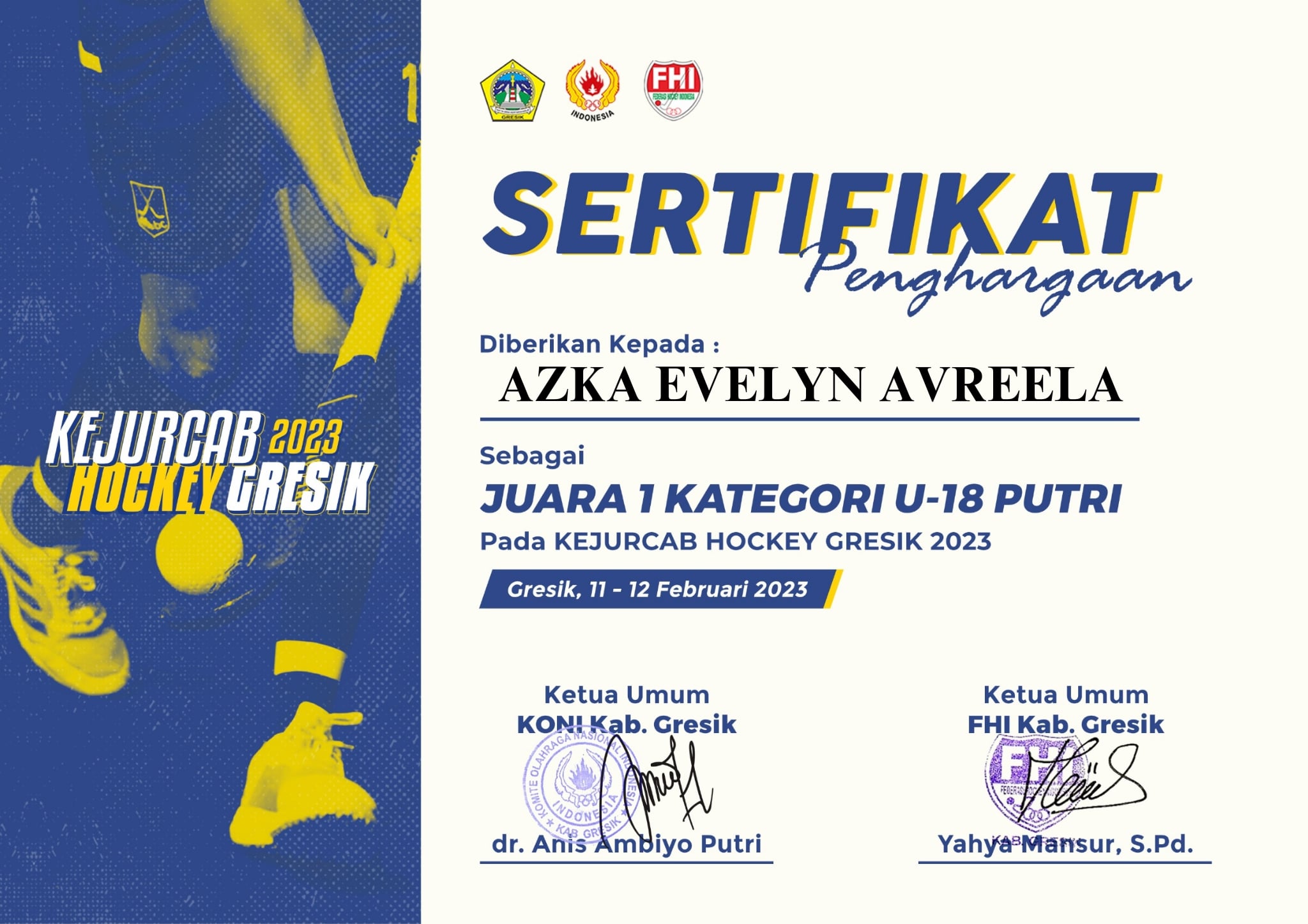 JUARA 1 KATEGORI U-18 PUTRI PADA KEJURCAB HOCKEY GRESIK 2023