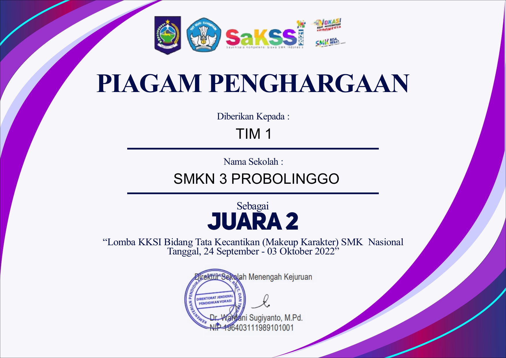 Juara 2 Nasional Lomba KKSI Bidang Tata Kecantikan (Make Up Karakter) 2021