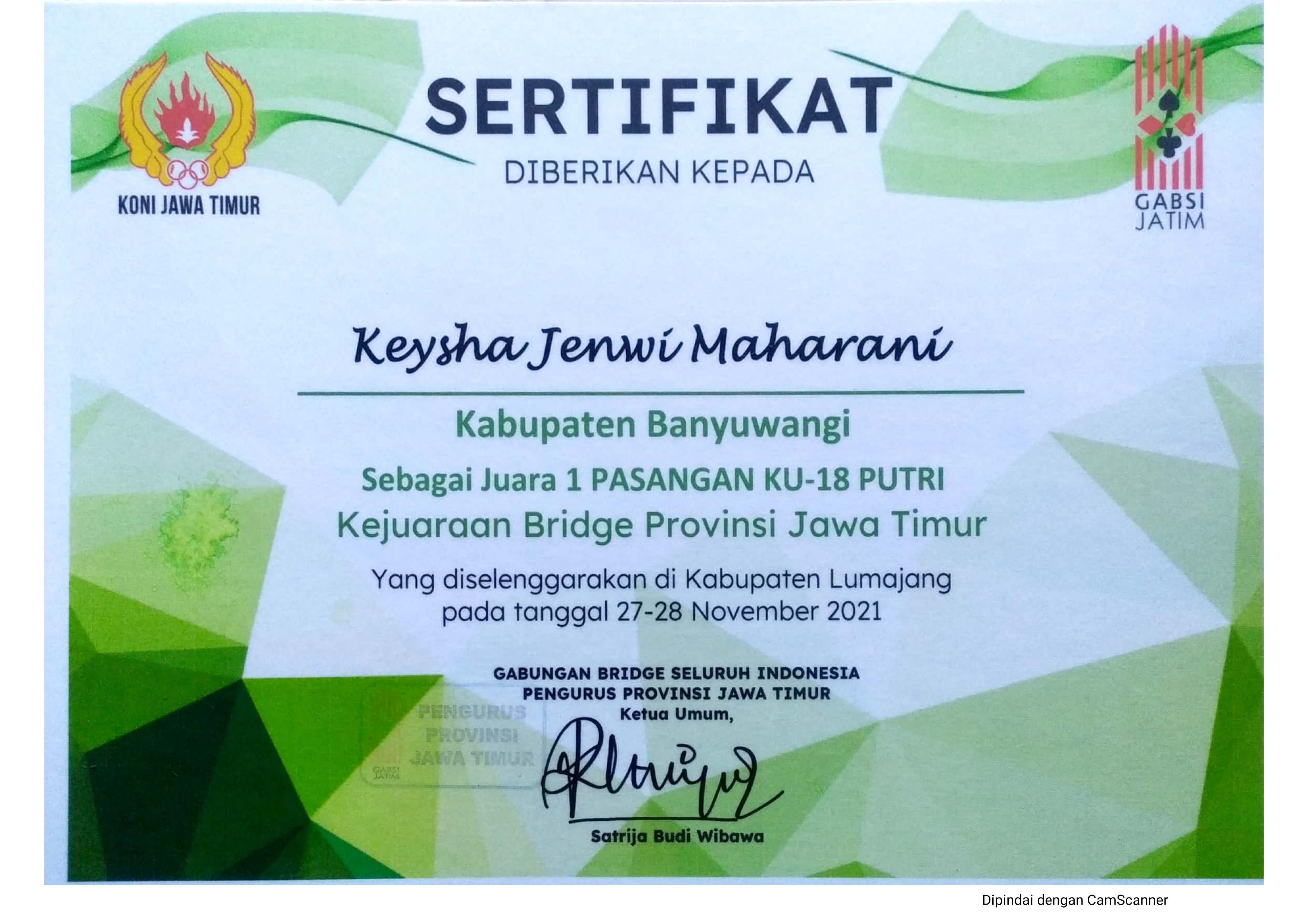 JUARA 1 PASANGAN KU-18 PUTRI KEJUARAAN BRIDGE PROVINSI JAWA TIMUR