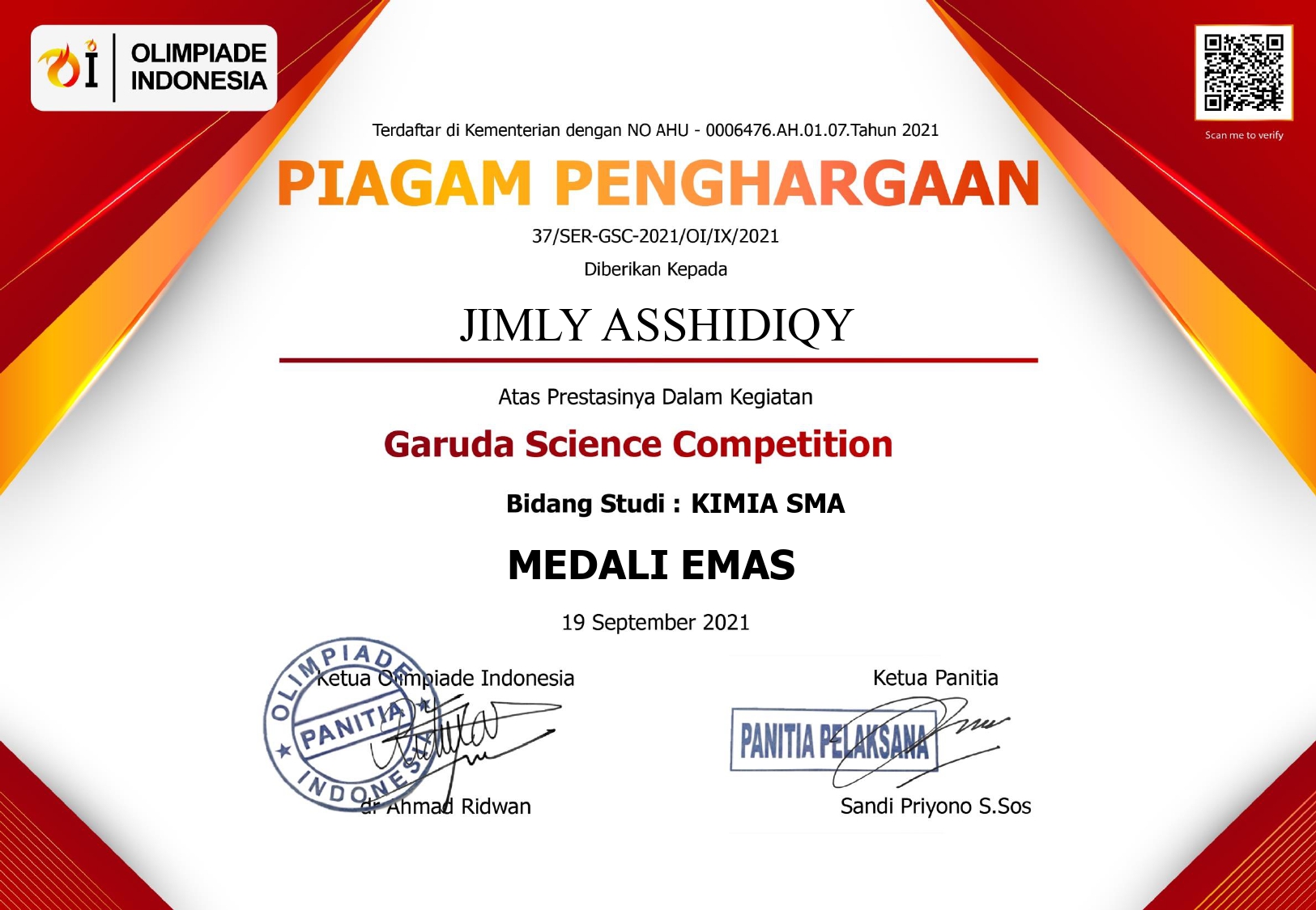 JUARA 1 GARUDA SCIENCE COMPETITION BIDANG STUDY KIMIA