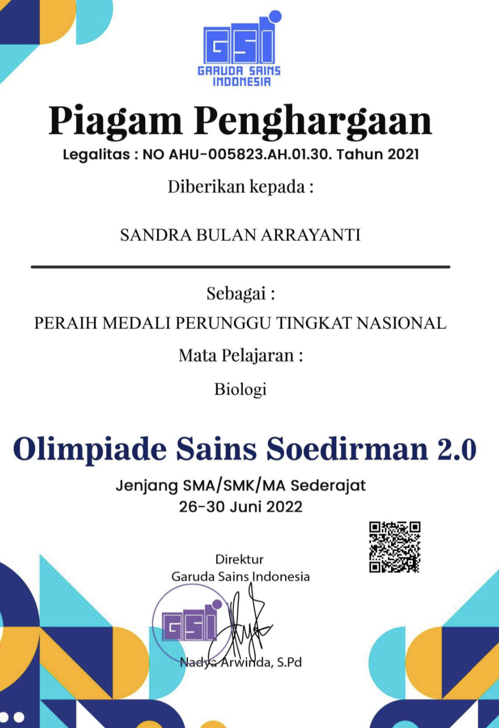 MEDALI PERUNGGU BIDANG BIOLOGI OLIMPIADE SAINS SOEDIRMAN 2.0